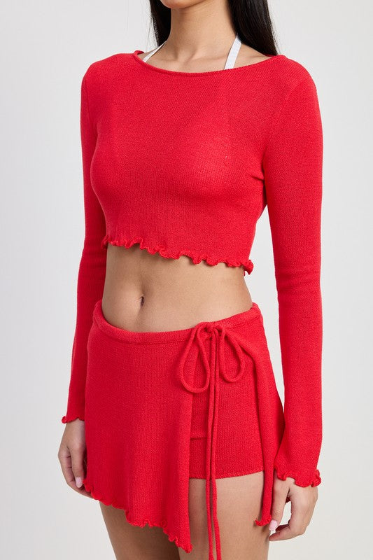 Long Sleeve Boat Neck Cropped Top