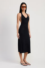 COWN NECK MIDI OPEN BACK DRESS