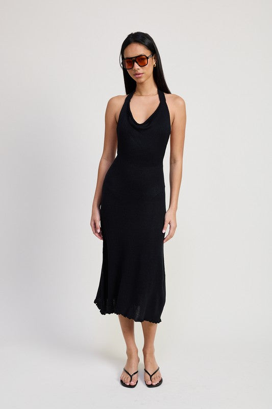 COWN NECK MIDI OPEN BACK DRESS
