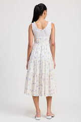 MIXED MEDIA EYELET PEEKABOO MIDI DRESS