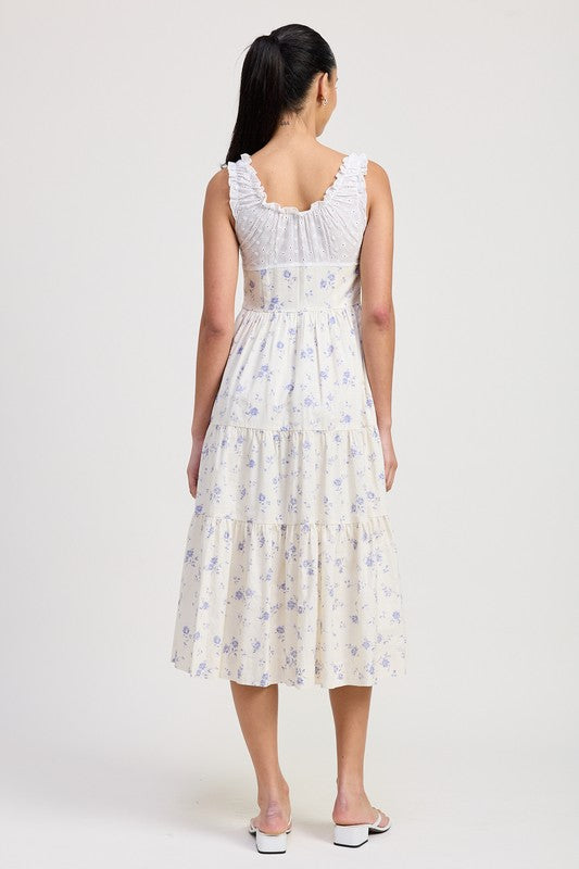 MIXED MEDIA EYELET PEEKABOO MIDI DRESS