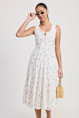 MIXED MEDIA EYELET PEEKABOO MIDI DRESS