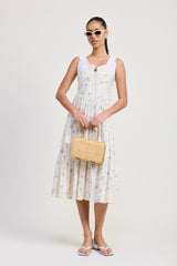 MIXED MEDIA EYELET PEEKABOO MIDI DRESS