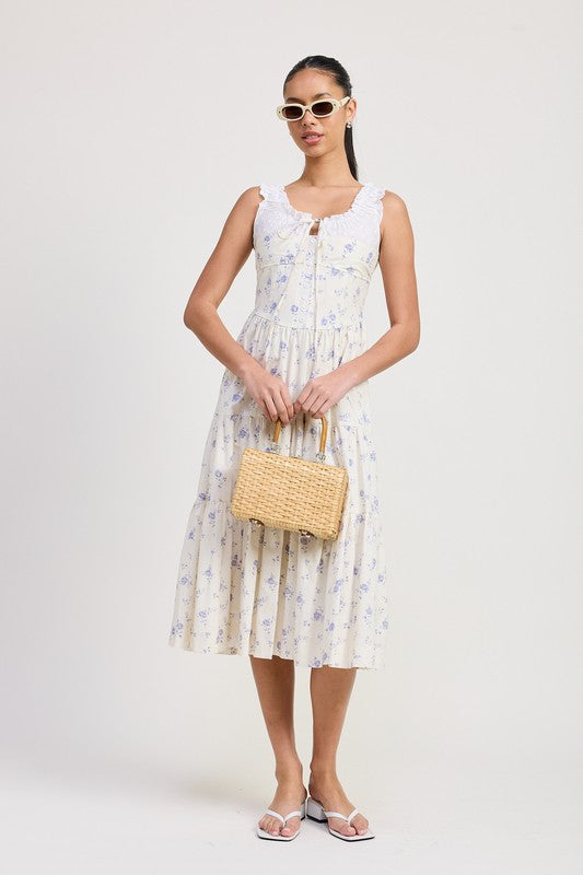MIXED MEDIA EYELET PEEKABOO MIDI DRESS