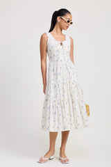 MIXED MEDIA EYELET PEEKABOO MIDI DRESS
