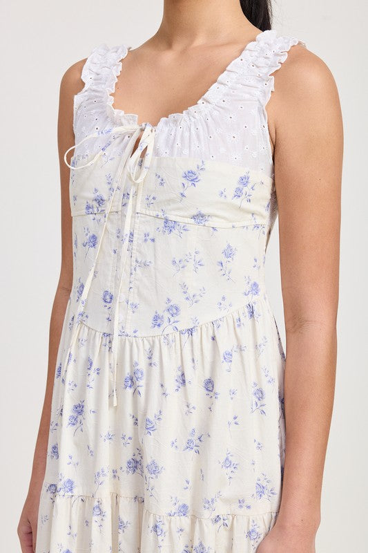 MIXED MEDIA EYELET PEEKABOO MIDI DRESS
