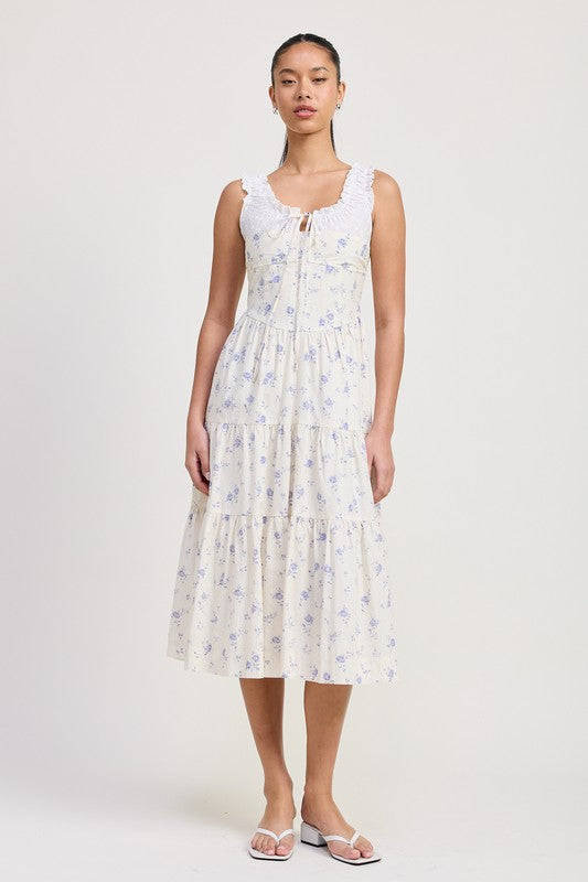 MIXED MEDIA EYELET PEEKABOO MIDI DRESS
