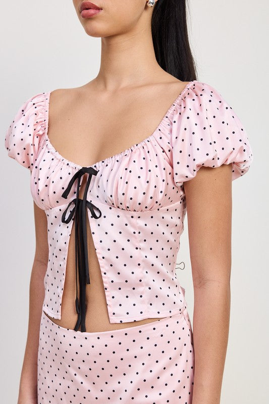 Squared Neck Polka Dot Bubble Sleeve Top