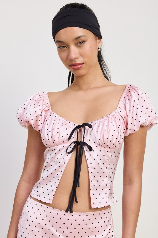 Squared Neck Polka Dot Bubble Sleeve Top