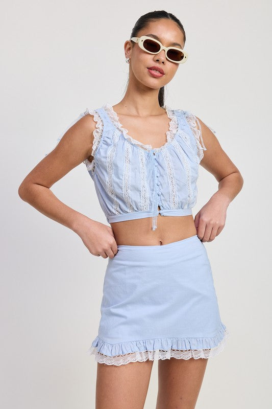 SLEEVELESS LACE RUFFLED TOP