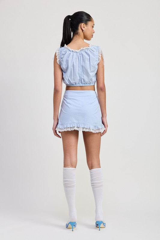 SLEEVELESS LACE RUFFLED TOP