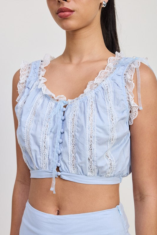 SLEEVELESS LACE RUFFLED TOP