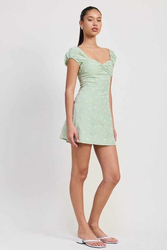 MIX MEDIA MINI RUCHED DRESS