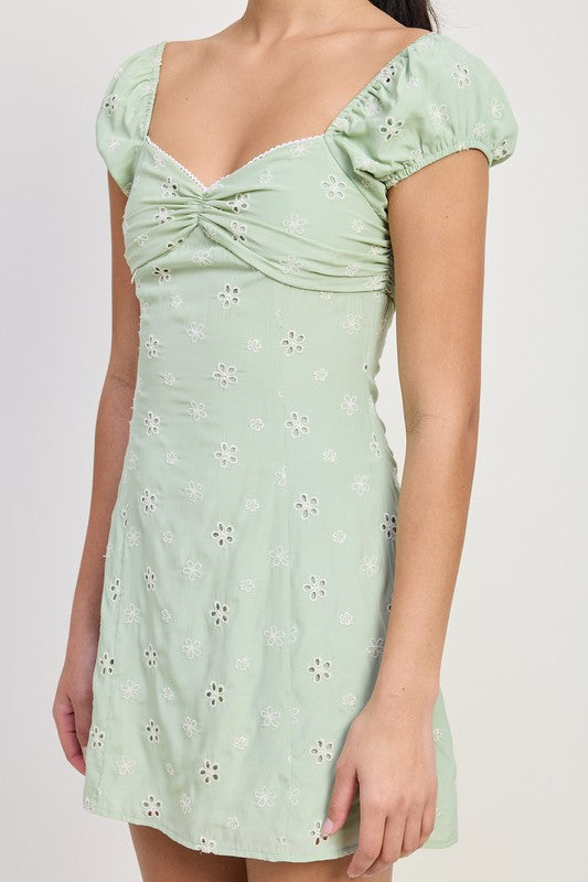MIX MEDIA MINI RUCHED DRESS