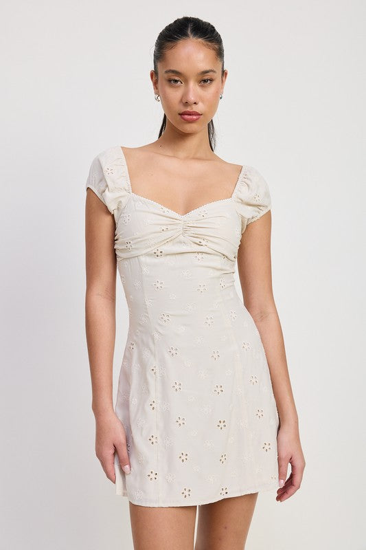 MIX MEDIA MINI RUCHED DRESS