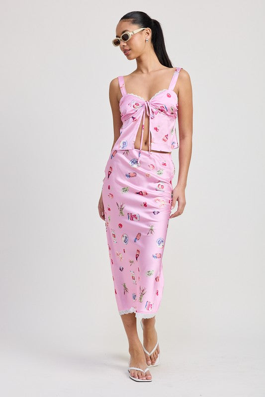 Printed Satin Midi Skirt