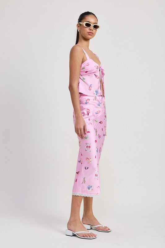 Printed Satin Midi Skirt
