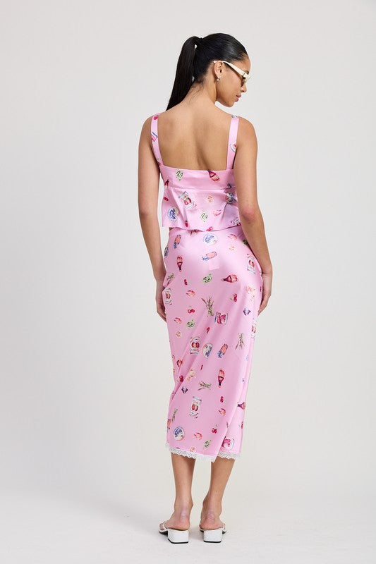 Printed Satin Midi Skirt