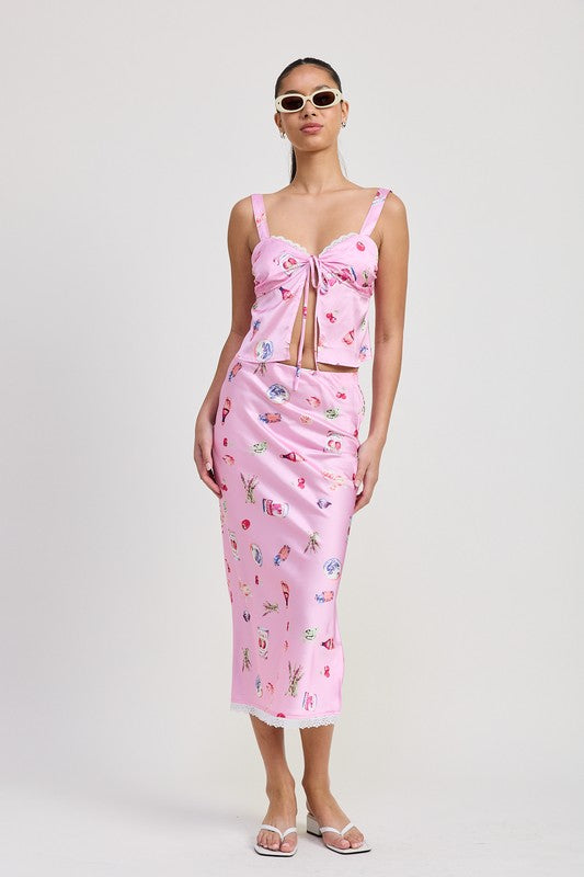 Printed Satin Midi Skirt