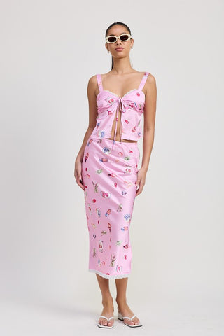 Printed Satin Midi Skirt