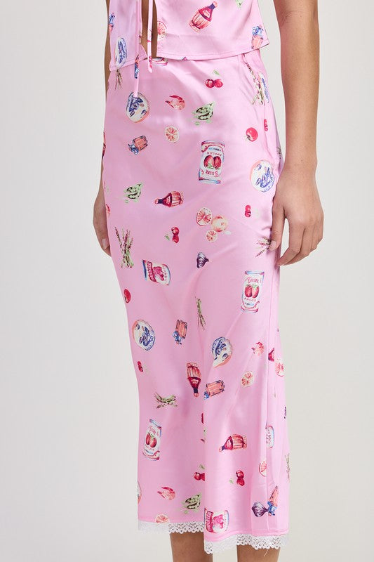 Printed Satin Midi Skirt