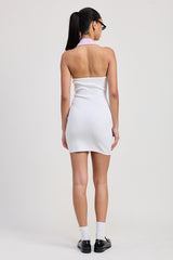 CONTRAST COLLAR RIBBED MINI HALTER DRESS