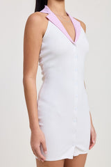 CONTRAST COLLAR RIBBED MINI HALTER DRESS