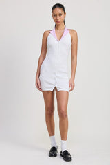 CONTRAST COLLAR RIBBED MINI HALTER DRESS