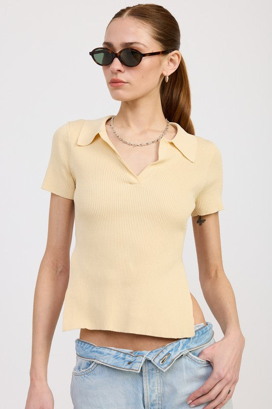 Collared Short Sleeve Top with Open Back