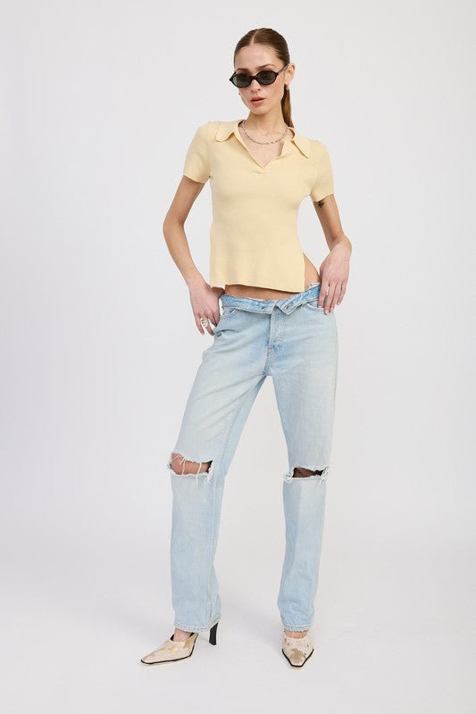 Collared Short Sleeve Top with Open Back
