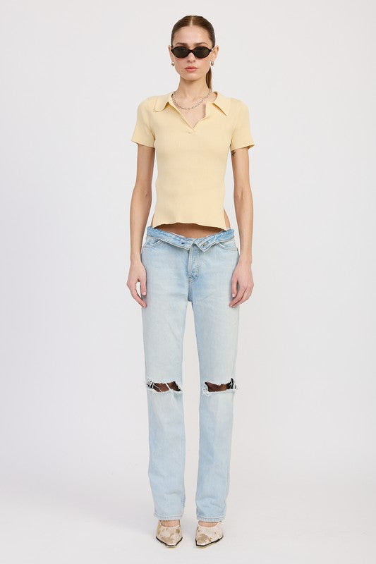 Collared Short Sleeve Top with Open Back