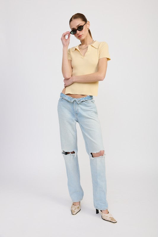Collared Short Sleeve Top with Open Back