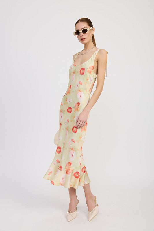 PRINTED SATIN MIDI DRESS WITH SCOOP NECK