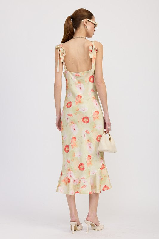 PRINTED SATIN MIDI DRESS WITH SCOOP NECK