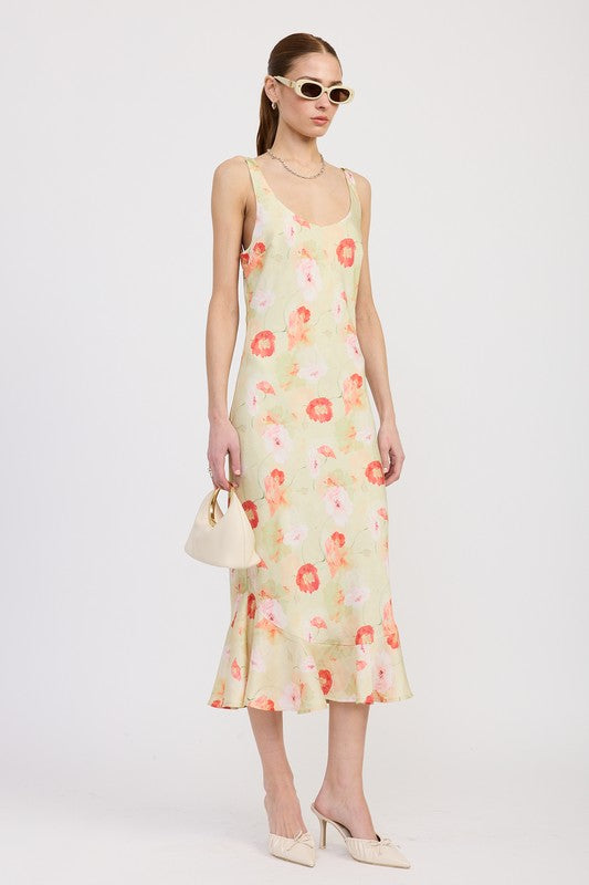 PRINTED SATIN MIDI DRESS WITH SCOOP NECK