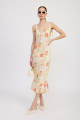 PRINTED SATIN MIDI DRESS WITH SCOOP NECK