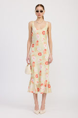 PRINTED SATIN MIDI DRESS WITH SCOOP NECK