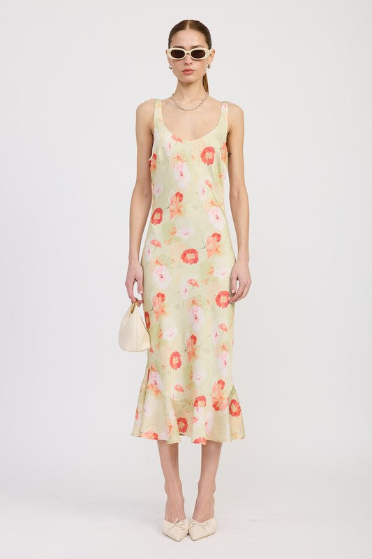 PRINTED SATIN MIDI DRESS WITH SCOOP NECK