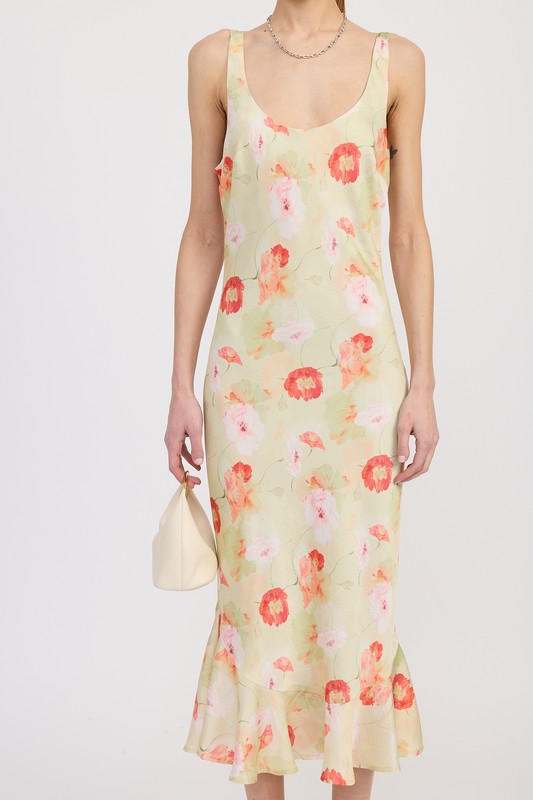 PRINTED SATIN MIDI DRESS WITH SCOOP NECK