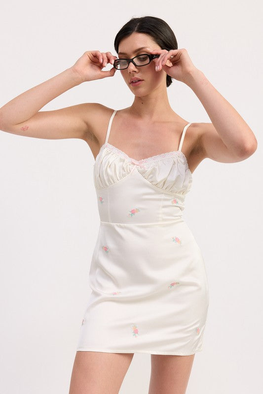 MINI SATIN EMBROIDERY DRESS