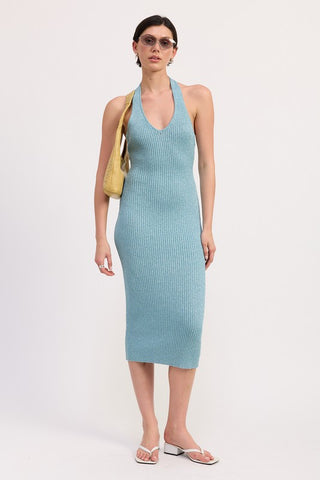KNIT HALTER BODYCON MIDI DRESS