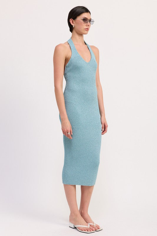 KNIT HALTER BODYCON MIDI DRESS