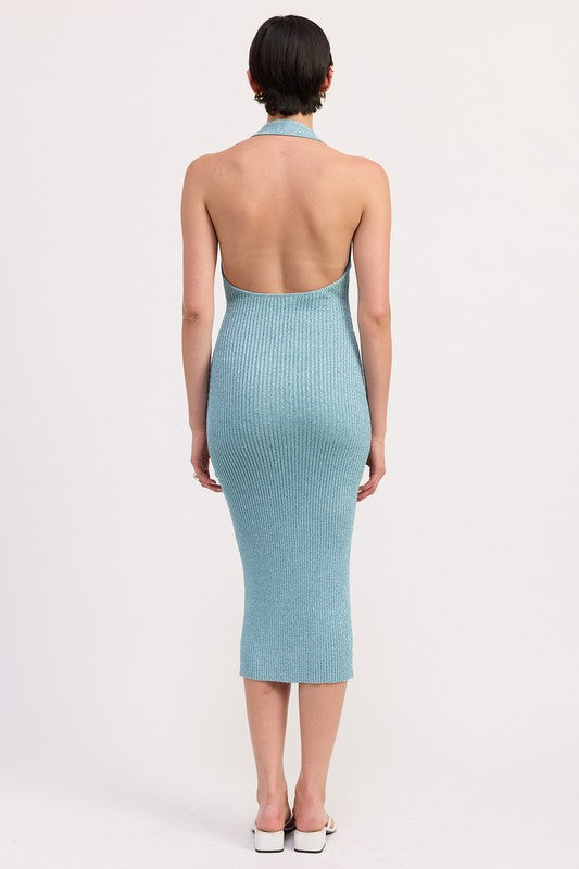 KNIT HALTER BODYCON MIDI DRESS