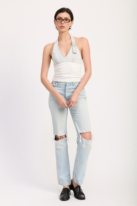 Contrasted Halter Neck Top