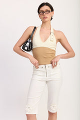 Two Tone Halter Crop Top with Buckle Detail