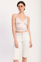 FLORAL SATIN CAMI TOP WITH LACE TRIM