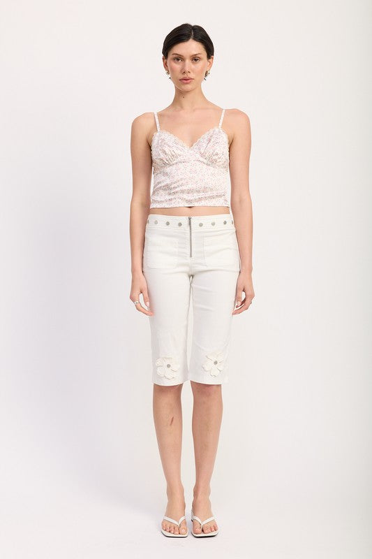 FLORAL SATIN CAMI TOP WITH LACE TRIM