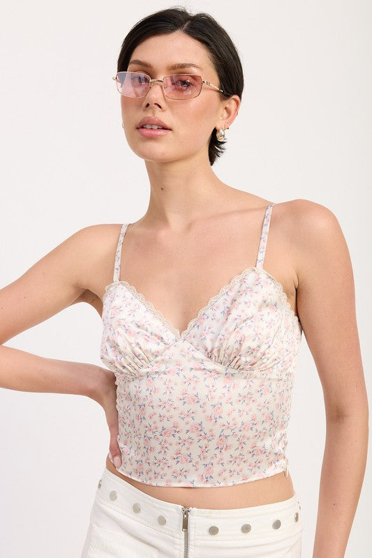 FLORAL SATIN CAMI TOP WITH LACE TRIM