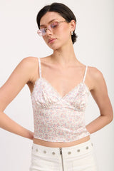 FLORAL SATIN CAMI TOP WITH LACE TRIM