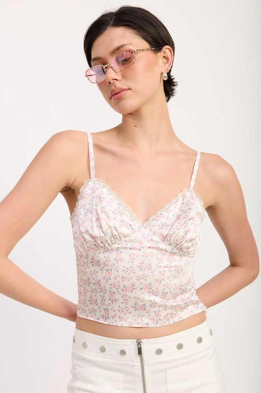 FLORAL SATIN CAMI TOP WITH LACE TRIM